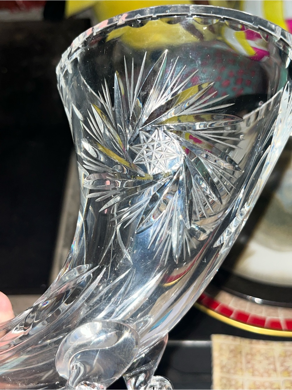 BOHEMIAN CZECH KUSAK IMPORT CRYSTAL PINWHEEL CORNUCOPIA Horn